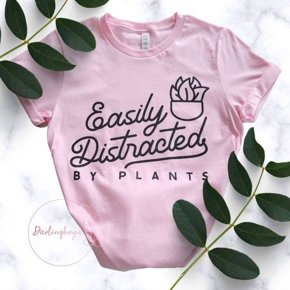 Easily Distracted by Plants Unisex Cotton T-Shirt for Plant Lover - Pink - Picture 1 of 3